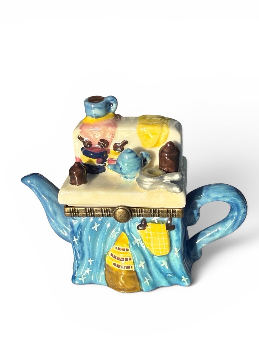 Vintage Whimsical Teapot Trinket Box Porcelain Hinged Jewelry Keepsake Decor 4”